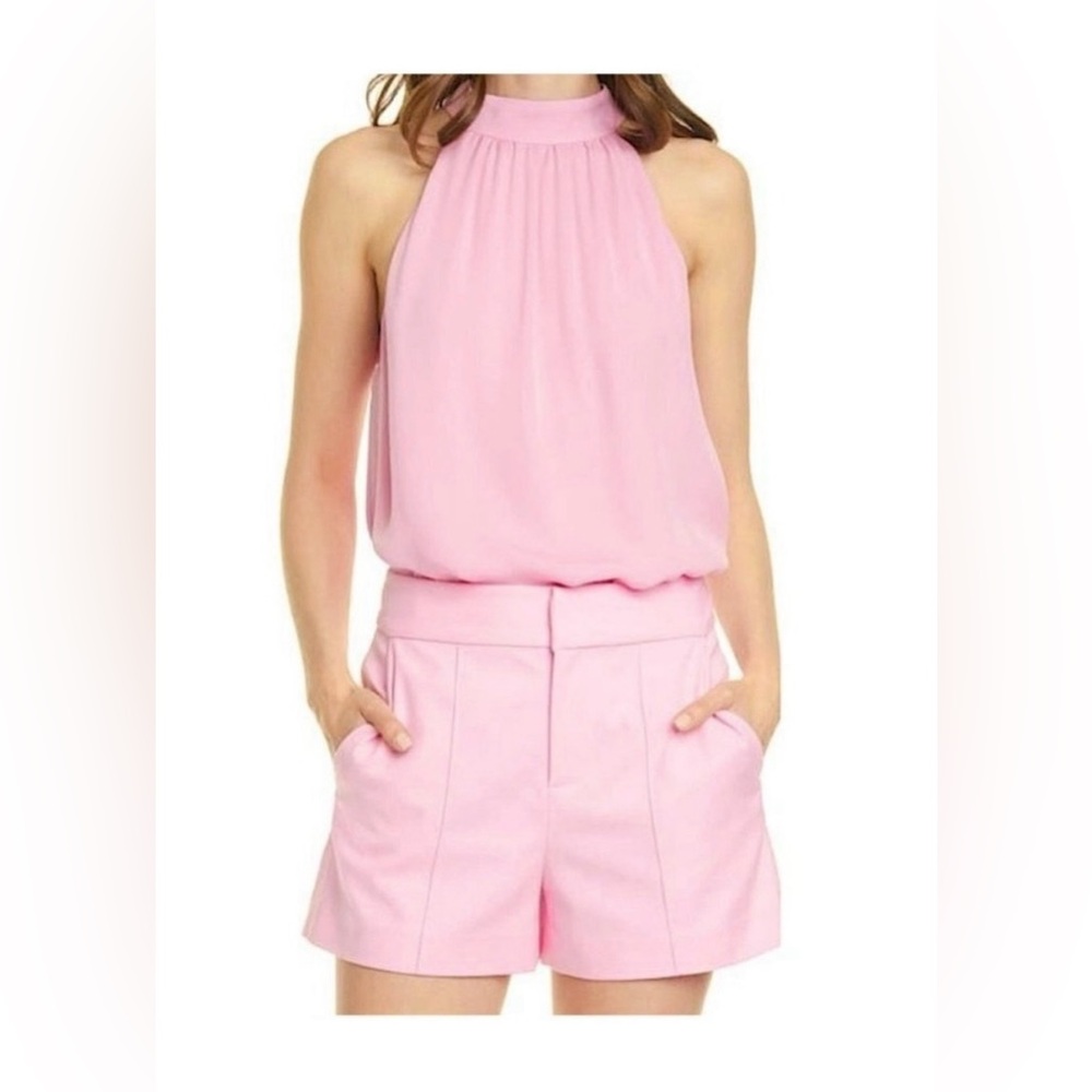 Alice + Olivia Gloria Halter Blouse with Tie-Neck Bow in Electric Pink in Large